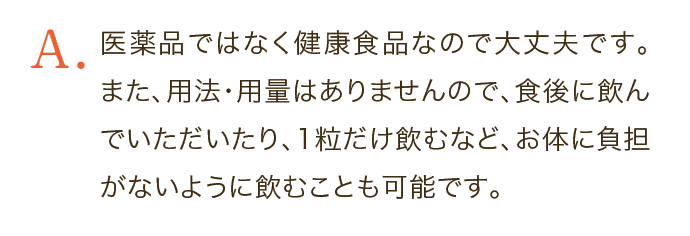 医薬品ではなく健康食品なので大丈夫です。また、用法・用量はありませんので、食後に飲んでいただいたり、1粒だけ飲むなど、お体に負担がないように飲むことも可能です。