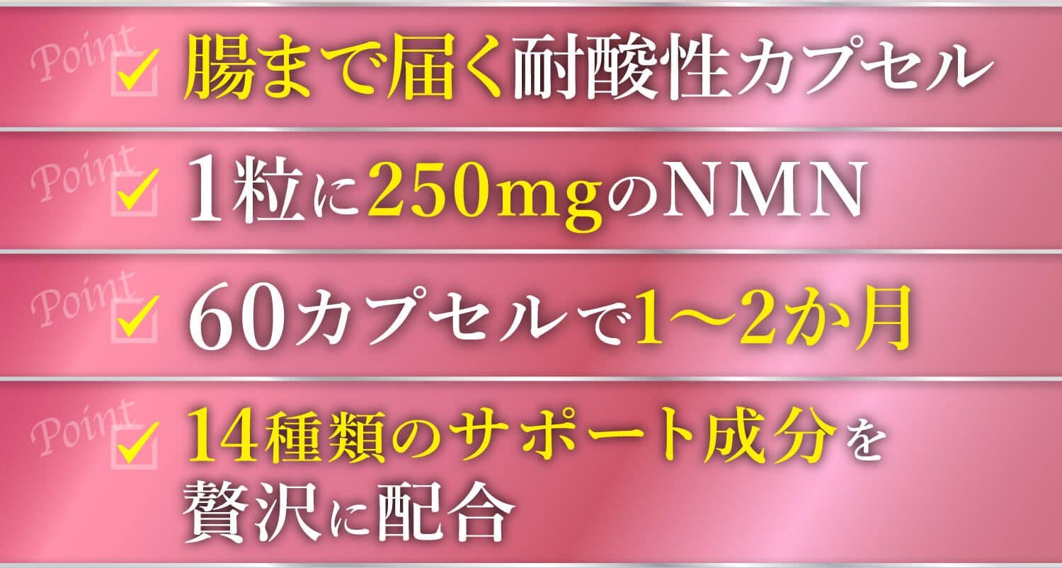 腸まで届く弱酸性カプセル 1粒に250mgのNMN 60カプセルで1~2ヶ月分 12種類のサポート成分を贅沢配合